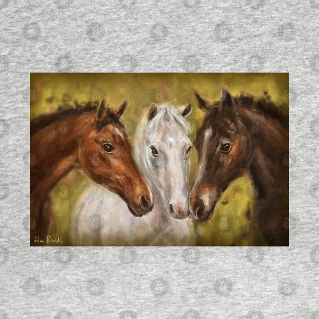 Painting of 3 Horses - Brown and White on Mustard Yellow Background by ibadishi